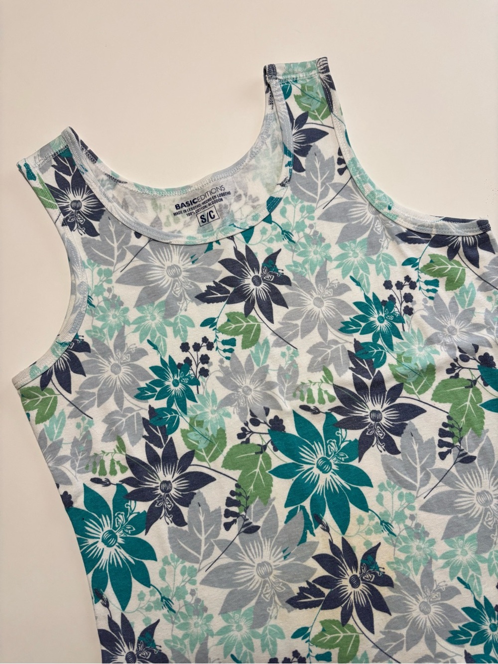 Basic Editions Blue & Green Cool Tone Botanical Pattern Cotton Tank Top